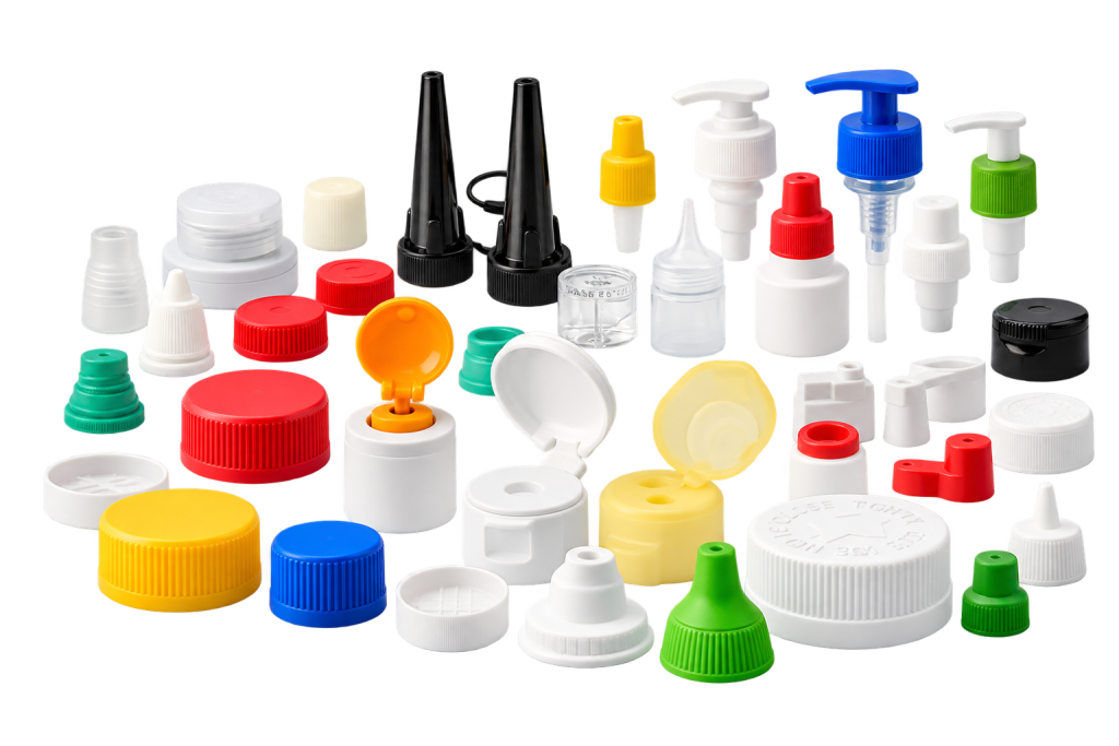 Injection-molded caps, pumps, and nozzles